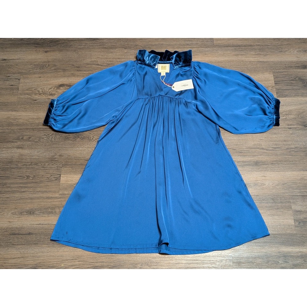 Emily McCarthy Stella Dress Delft Blue Velvet Trim Satin Puff Sleeve Womens M
